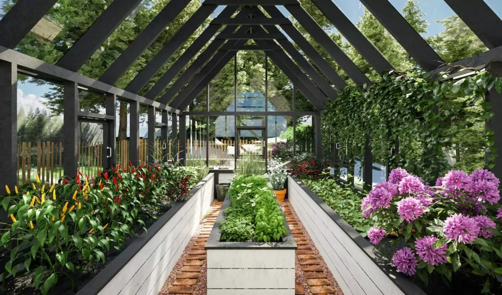Large Greenhouse With Raised Garden Beds Interior Idea