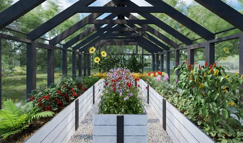 DIY Large Greenhouse With Raised Garden Beds Interior Idea