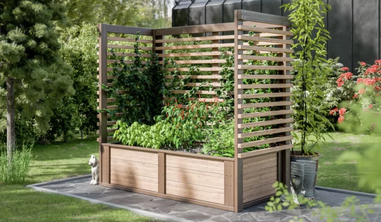 Organic raised garden bed made of wood with privacy screen