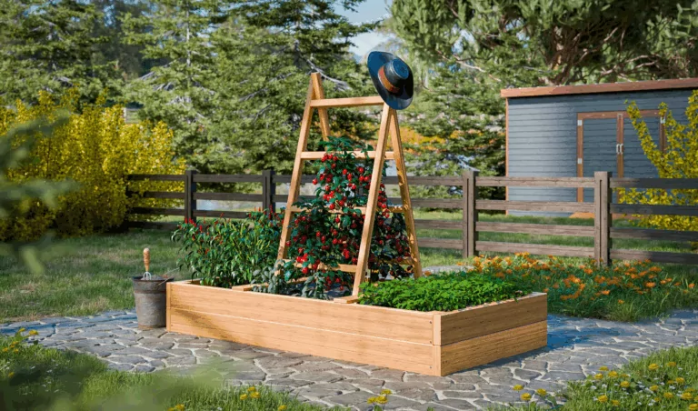 Raised garden bed with ladder trellis