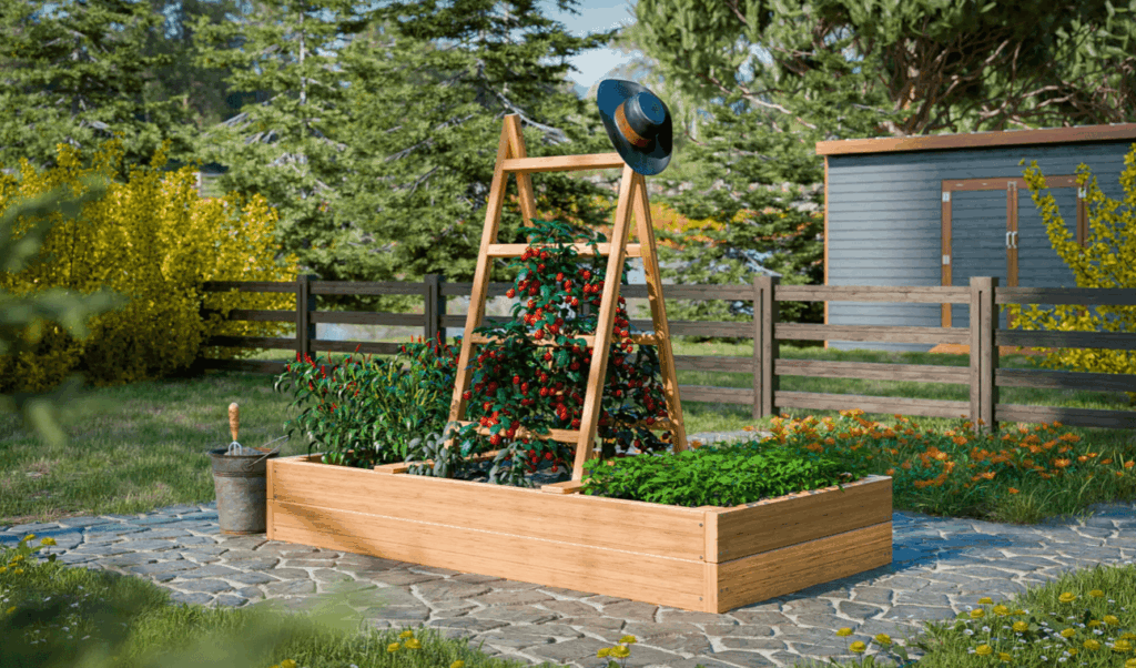 Raised garden bed with ladder and trellis 