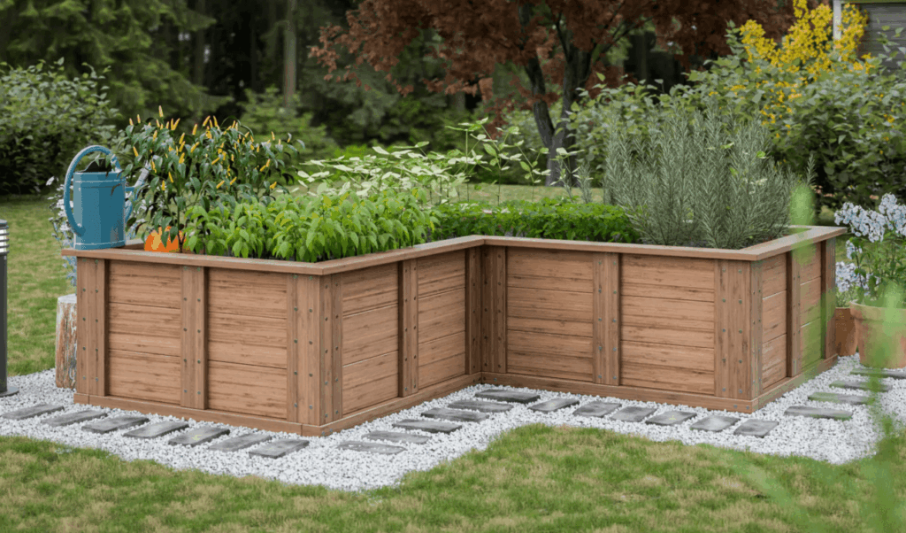 L-shaped wooden raised garden bed 