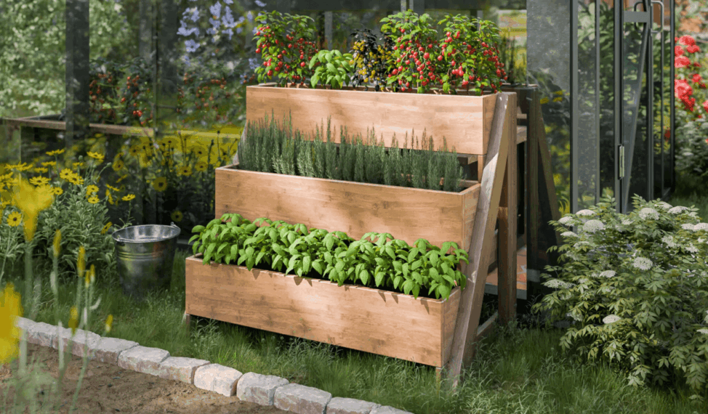 Tiered wooden planter with 3 garden beds for compact spaces