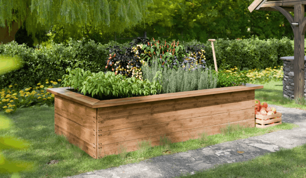 Rectangular 4x8 raised garden bed made of wood 