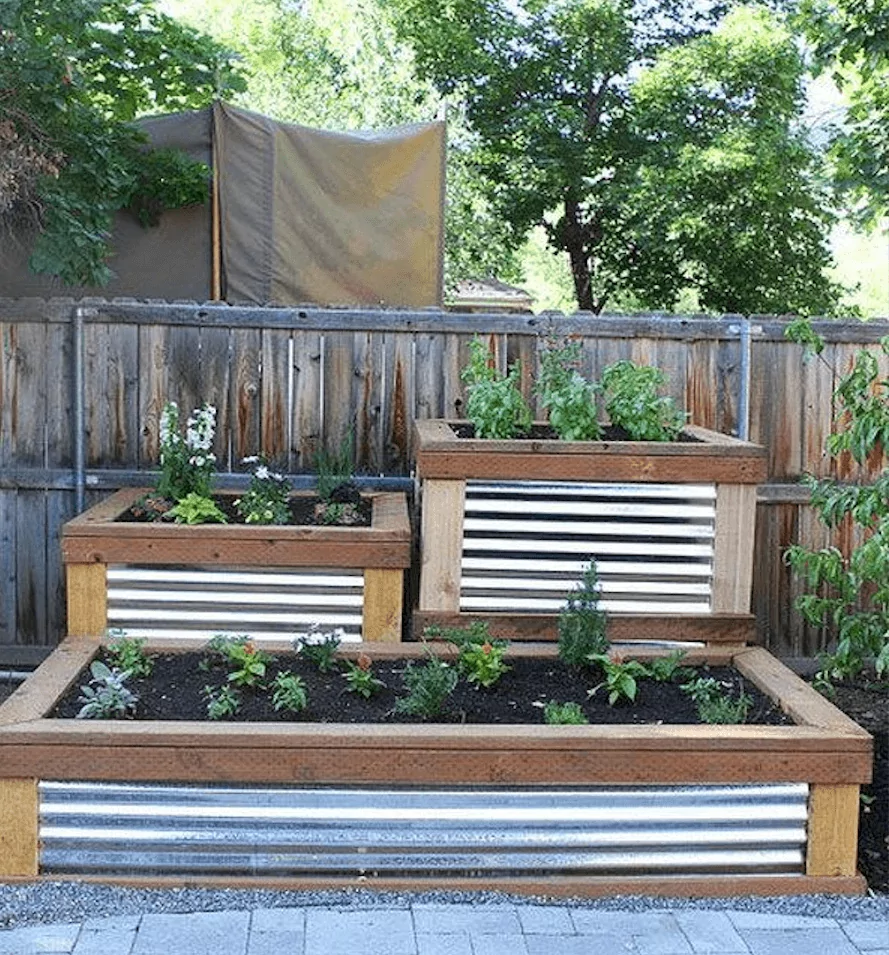 Raised rectangular garden bed made of metal and corrugated steel 
