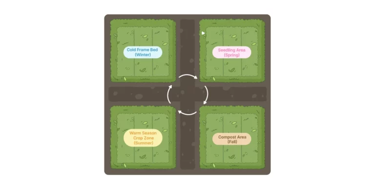 multi-bed greenhouse layout showing four seasonal zones: cold frame bed for winter, seedling area for spring, warm season crops for summer, and a compost area for fall