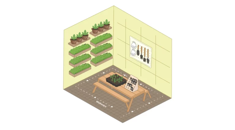 View of a small greenhouse interior using vertical shelving, a central workbench, hanging pots, and wall-mounted tool storage to maximize space