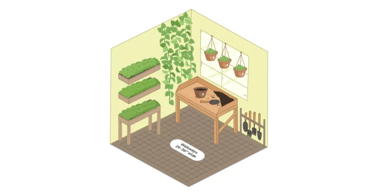 View of an organized greenhouse interior with tiered benches, hanging baskets, a potting bench, vertical tool storage, and a clear walkway