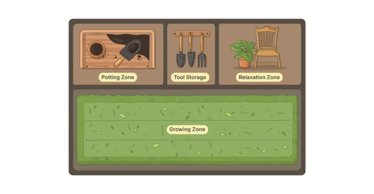 Illustration of a zonal greenhouse layout featuring a growing zone, potting area, tool storage, and a small relaxation zone with a chair and plant