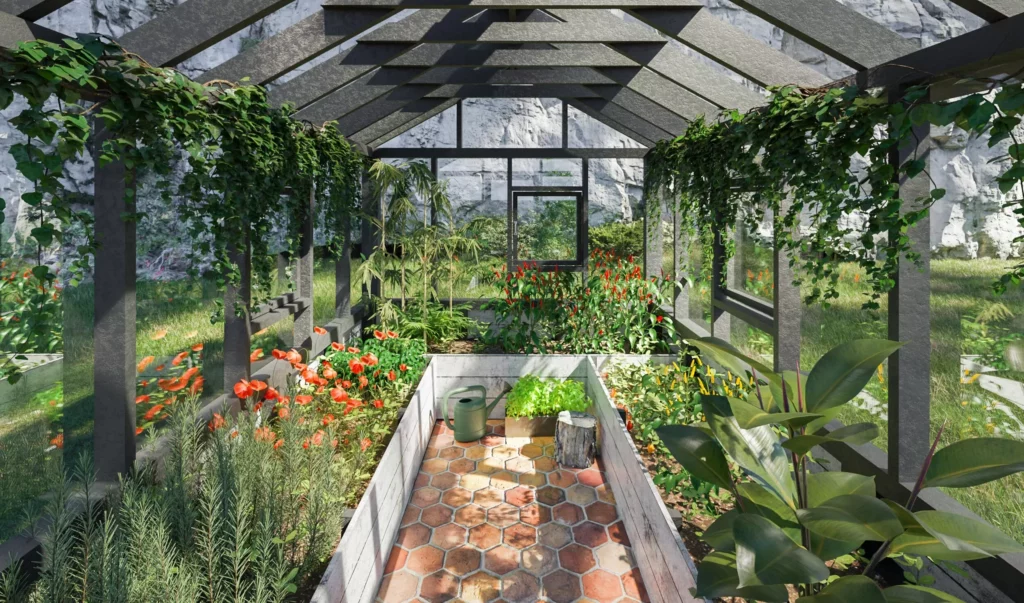 Interior view of a greenhouse with climbing plants, raised beds, and various vegetables and herbs growing under a glass roof