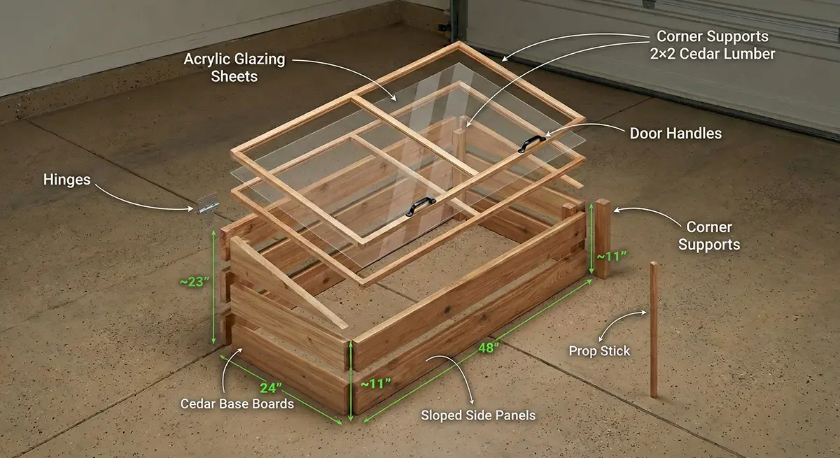 Cutaway diagram of a cold frame showing parts like acrylic glazing, hinges, cedar boards, door handle, and measurements
