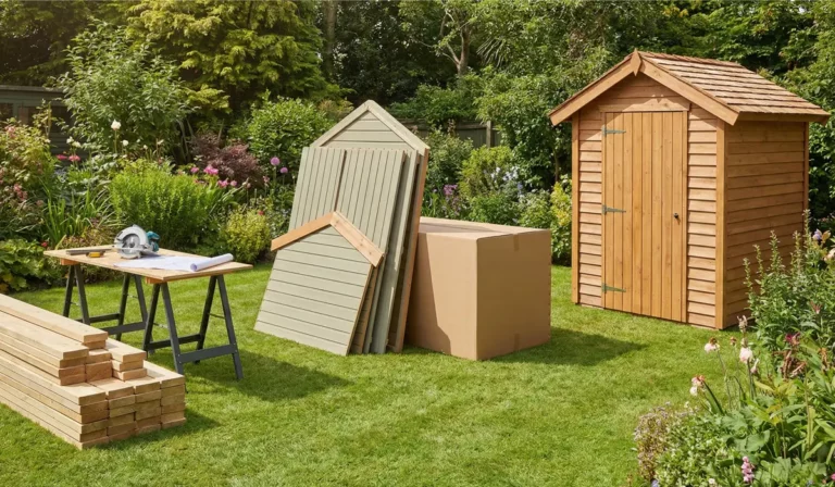 Comparison of DIY lumber, prefab shed kit, and built shed in a garden