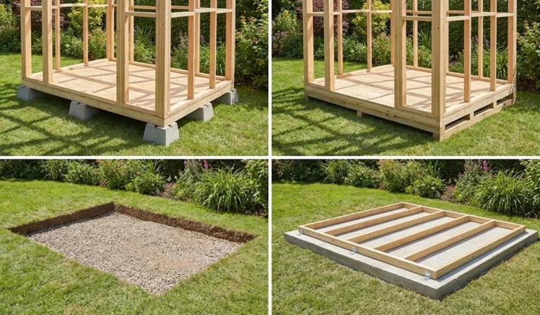 Shed foundation options comparison: deck blocks, timber skids, gravel pad, and concrete slab