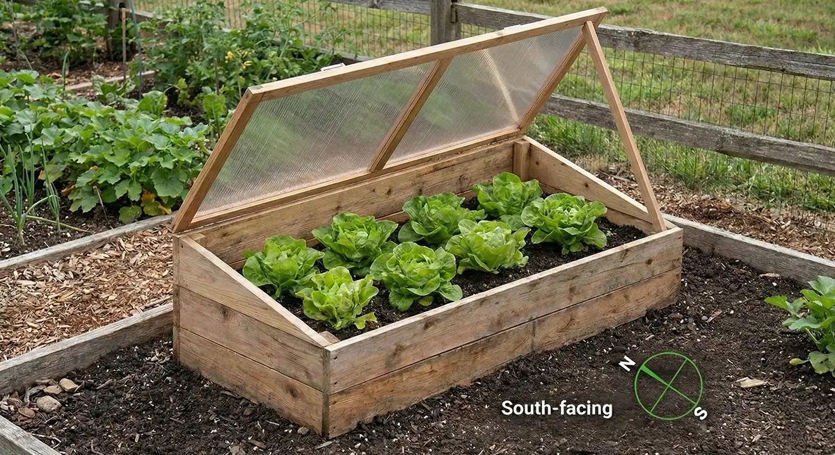 A completed wooden cold frame with a clear lid propped open