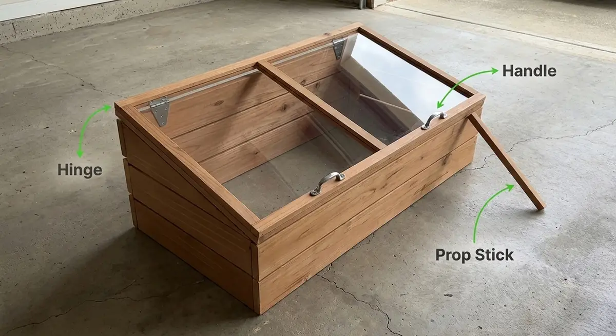 Lid with acrylic glazing attached to the cold frame with hinges and handles