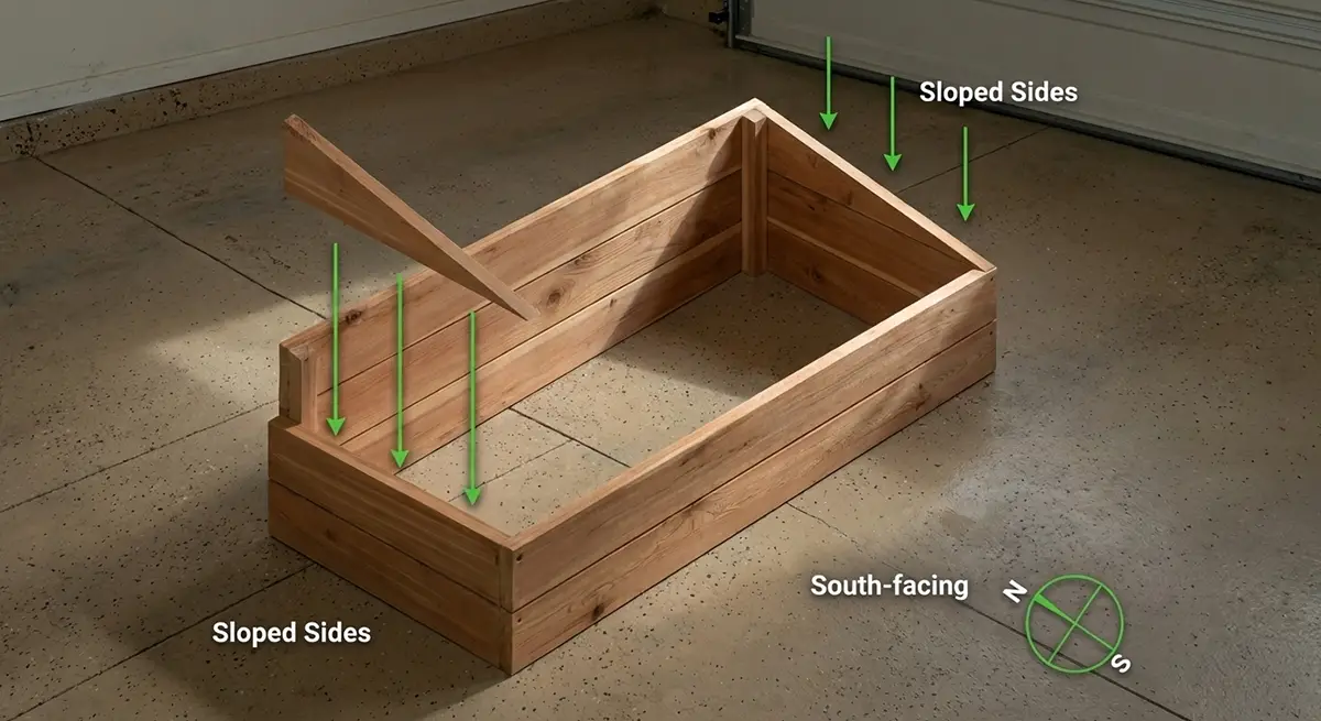 Sloped side panels being installed on a rectangular cold frame base with arrows showing attachment points