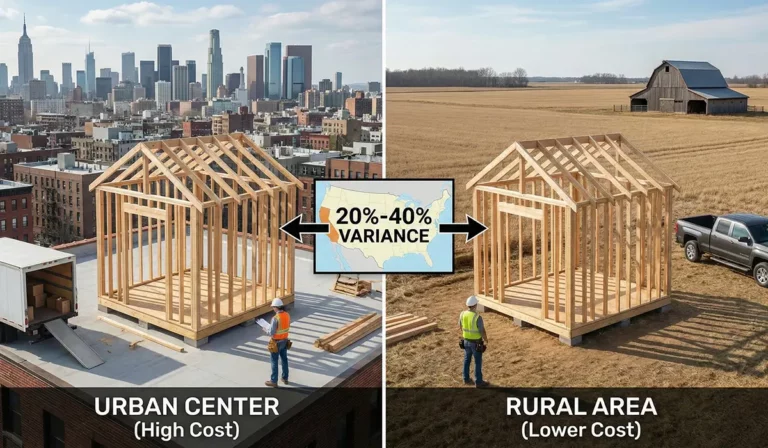 Split image comparing shed construction in a city and a rural field