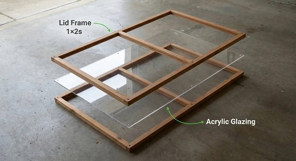 Exploded diagram showing a rectangular lid frame made from thin wood and clear acrylic glazing panels