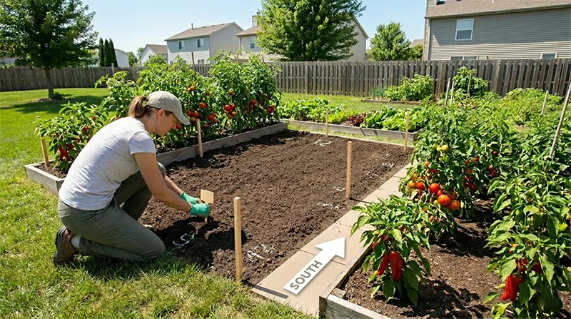 Sunlight shining on a raised garden bed