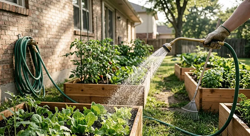Garden hose providing water access to raised beds