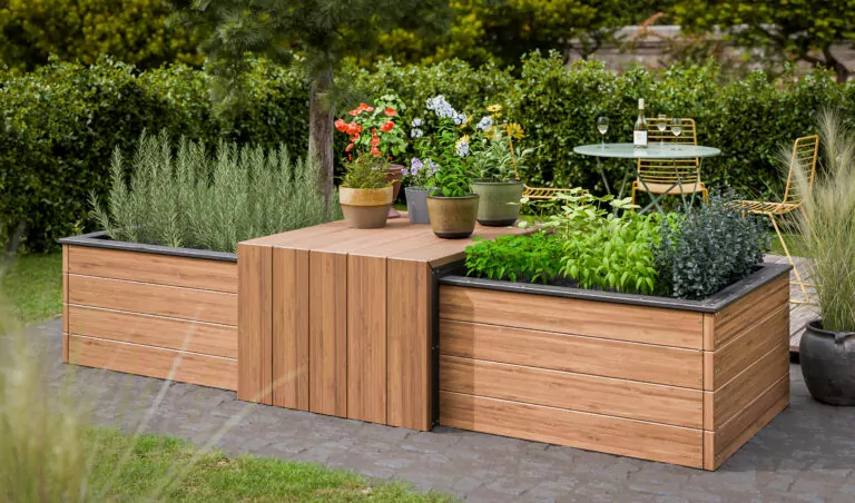 raised garden bed with bench