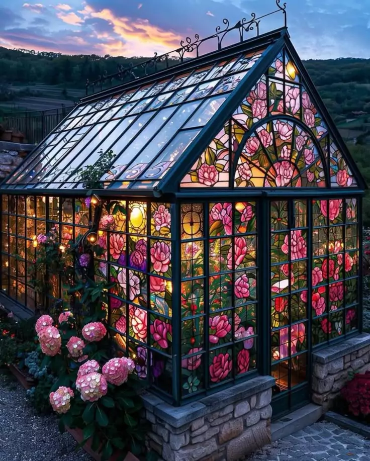 Stained glass greenhouse with floral design