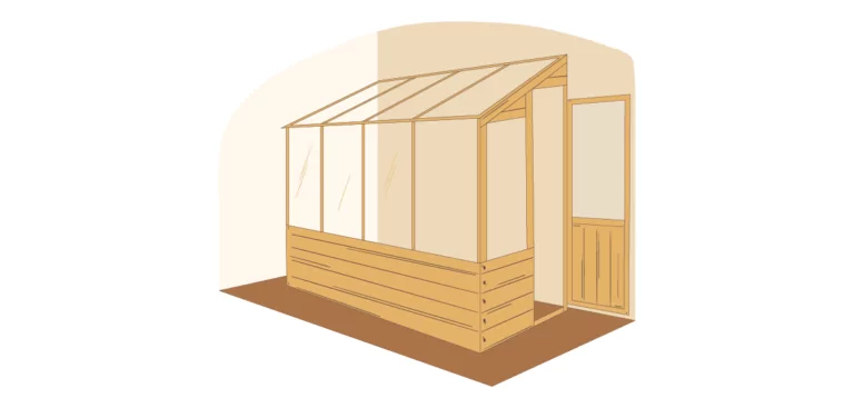 Compact lean-to greenhouse with a wooden frame and clear panels, attached to a brick wall on a paved patio