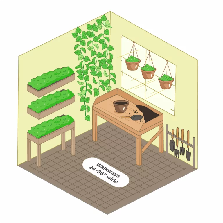 View of an organized greenhouse interior with tiered benches, hanging baskets, a potting bench, vertical tool storage, and a clear walkway