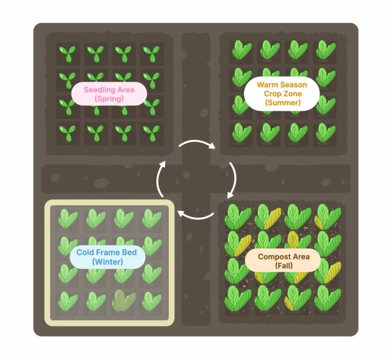 multi-bed greenhouse layout showing four seasonal zones: cold frame bed for winter, seedling area for spring, warm season crops for summer, and a compost area for fall
