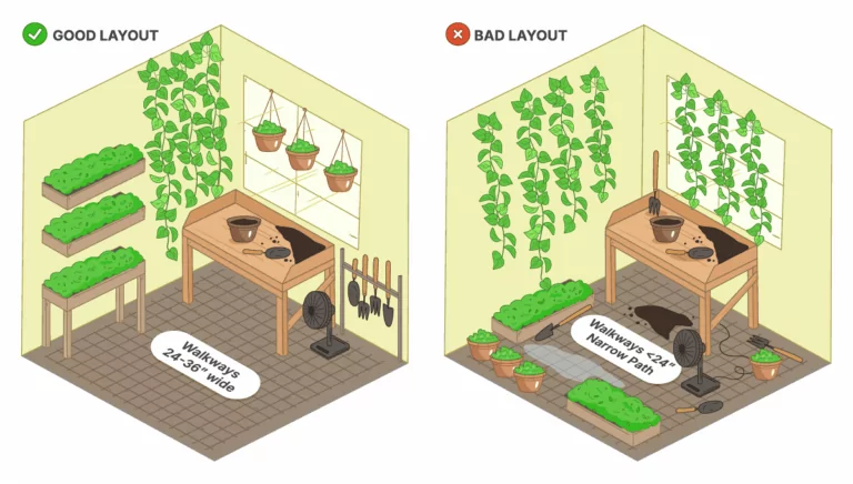Side-by-side comparison of a good and bad greenhouse interior layout. The good layout includes organized shelving, wide walkways, and wall-mounted tools. The bad layout has narrow walkways, cluttered pots, and blocked access