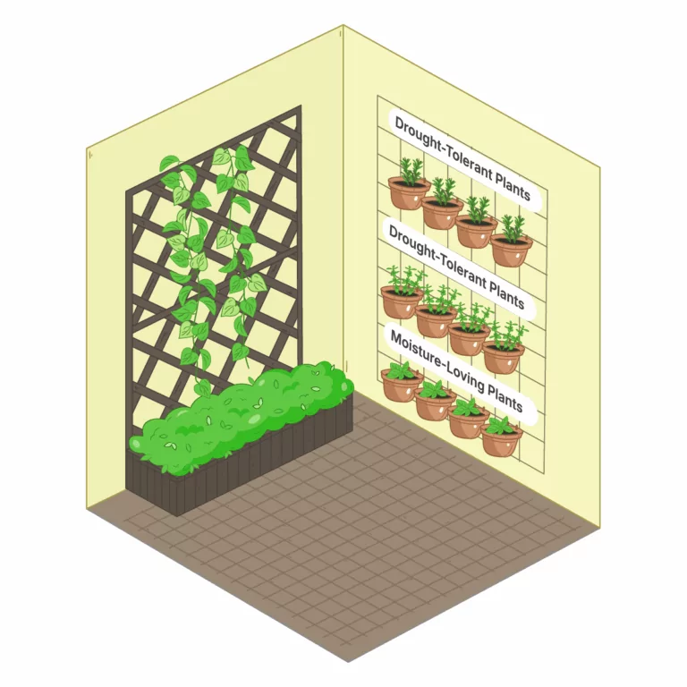 view of a vertical greenhouse setup featuring a trellis for climbing plants and wall-mounted pots grouped by water needs