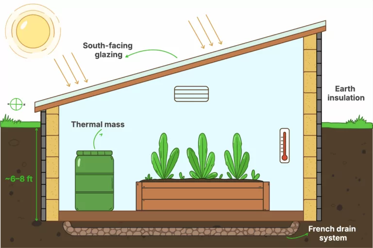 Cross-section diagram of a Walipini greenhouse showing sun-facing glazing, thermal mass, insulation, and drainage.