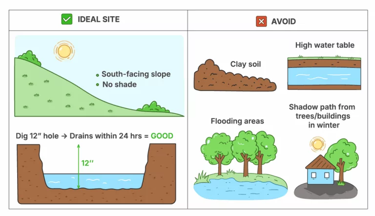 Graphic comparing ideal vs. poor Walipini sites based on sun, slope, drainage, and soil.