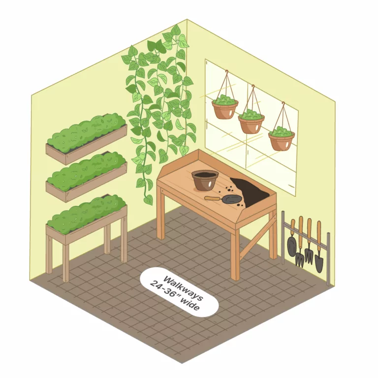 View of an organized greenhouse interior with tiered benches, hanging baskets, a potting bench, vertical tool storage, and a clear walkway