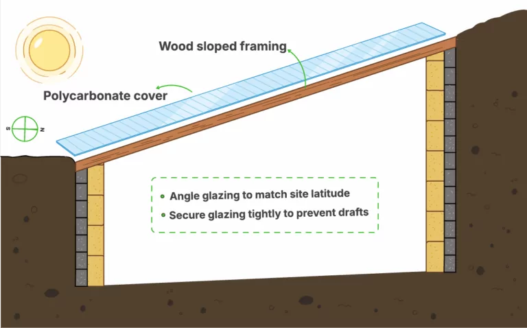 Sloped wooden roof frame covered with clear polycarbonate for passive solar gain.