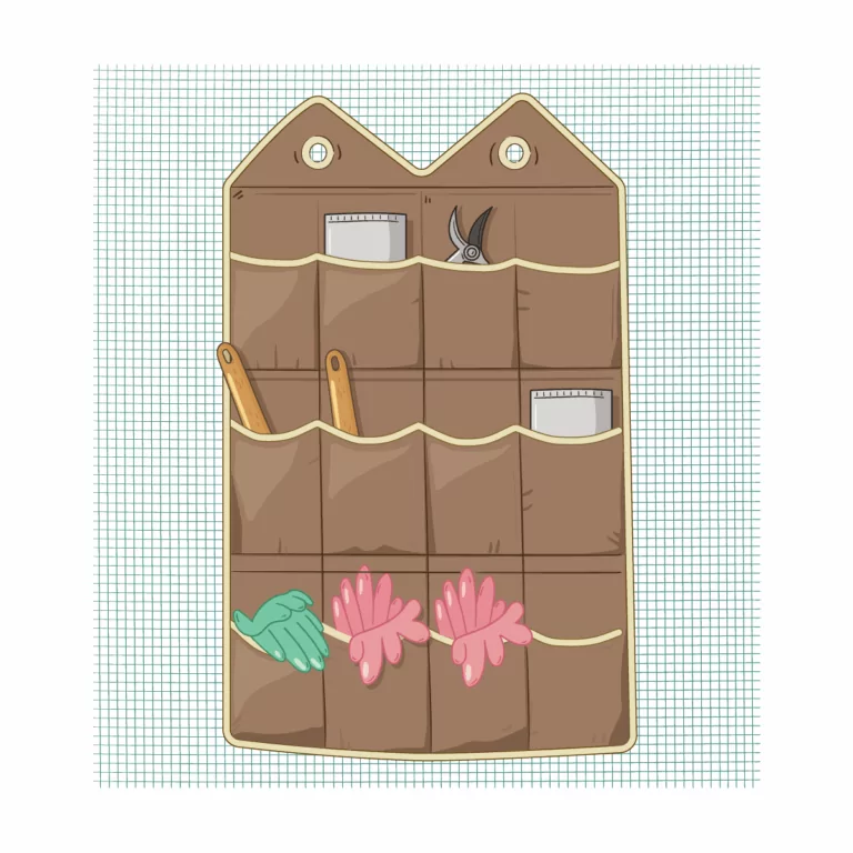 Hanging shoe organizer repurposed for greenhouse tool and glove storage